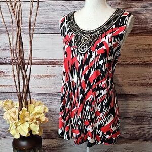 NEW AVENUE RED BLACK WHITE ABSTRACT JEWEL TOPPED SLEEVELESS PULLOVER TANK TOP